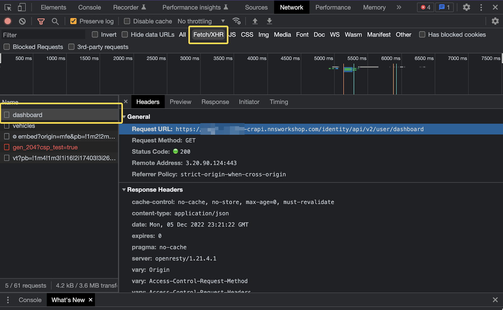 Screenshot of chrome inspection dashboard headers